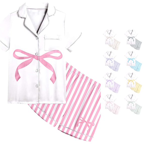 MEZZALL Girls Striped Print Pajamas Sets Short Sleeve Lapel Button Down Tops & Shorts Casual Sleepwear For Toddler Kids Comfortable Summer Nightwear Cozy Homewear