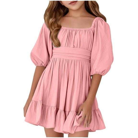 MEZZALL Girls Summer Dress Casual Floral Square Neck Ruffle Sash Tie Waist Short Sleeve Party Playground School Outfits For Toddler Kids Age 5 14 11-12 Years Leisure Baby Wear