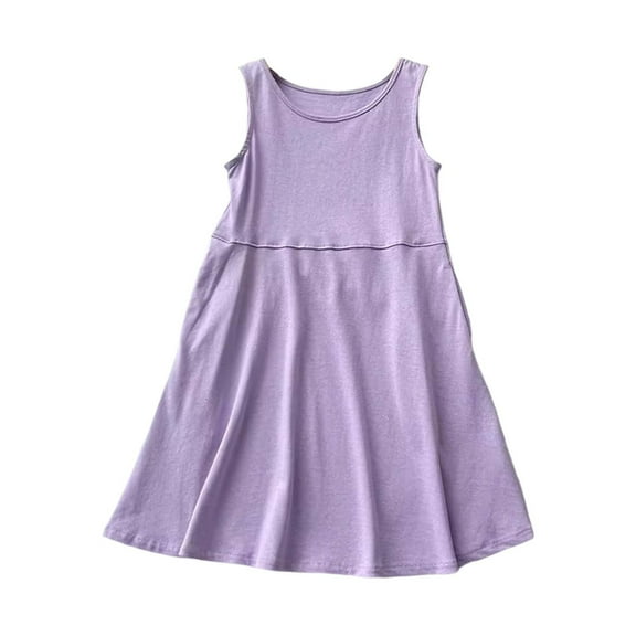 MEZZALL Girls Summer Dress Casual Sleeveless Round Neck Elastic Waist Solid Color A-Line Sundress For Kids Comfortable Breathable Dresses Infants Toddler Sundress Cozy / 5-6 Years