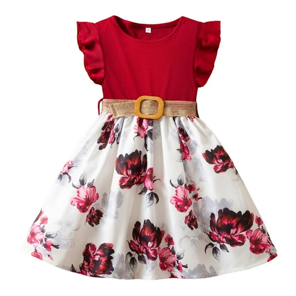 MEZZALL Girls Summer Dresses Flutter Sleeve Floral Print Dress With Belt Set Casual Outfits For Toddler Kids Boho Clothing
