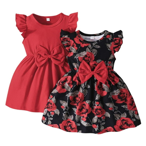 MEZZALL Girls Summer Dresses O-Neck Toddler Baby O-Neck Outfits Casual Sleeveless Bow Knot Ruffled Hem Two Piece Sets For To 3-Years Dailywear Comfort / 18-24 Months