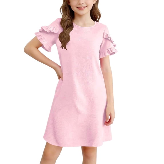 MEZZALL Girls Summer Dresses Short Sleeve Casual Round Neck Straight Beach Dress With Ruffle Solid Color Vacation Sundress