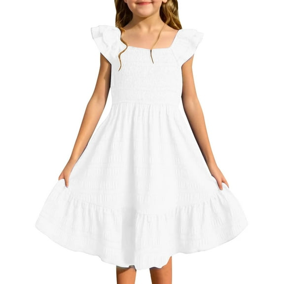 MEZZALL Girls Summer Dresses Smocked Sleeveless With Pockets Classic Toddler Sundress, White, 7-8 Years