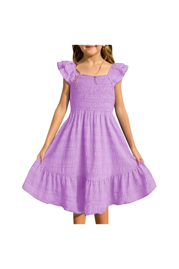Girls Summer Dresses Smocked Sleeveless With Pockets Cozy Toddler Sundress, Purple, 13-14 Years