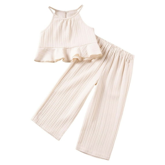 MEZZALL Girls Summer Outfits 2PCS Set Cute Ruffle Sleeveless Tops With Wide Leg Pants Toddler Baby Clothes For 1-7 Years Old Casual Playwear Breathable Baby Wear
