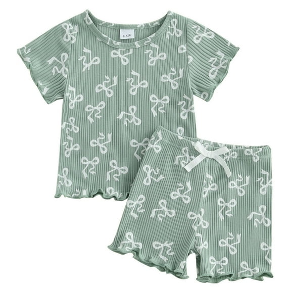 MEZZALL Girls Summer Outfits 2PCS Sets Cute Bow Print O-Neck Short Sleeve Tops And Shorts Casual Playwear Toddler Baby Clothes Soft Comfortable Loose Fit For Dailywear Trendy / 18-24 Months