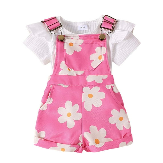 MEZZALL Girls Summer Outfits Sets Solid Color Short Sleeve Tops With Printed Overalls Adjustable Straps For Baby Toddler 0 3 Years 18-24 Months Stylish Baby Wear