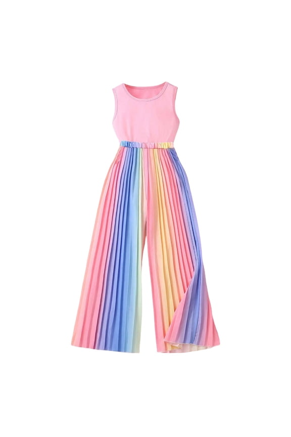 Girls Summer Outfits Sets Solid Color Tank Tops With Rainbow Gradient Loose Pants For Outdoor Activities Age 7-12 10-11 Years Comfort Kids Wear