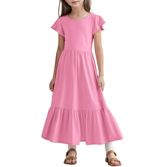 MEZZALL Girls Summer Pleated Short Sleeve Round Neck Loose Casual Flowy Layered Extra Long Dress With Pockets Leisure Toddler Baby Wear 12-13Y