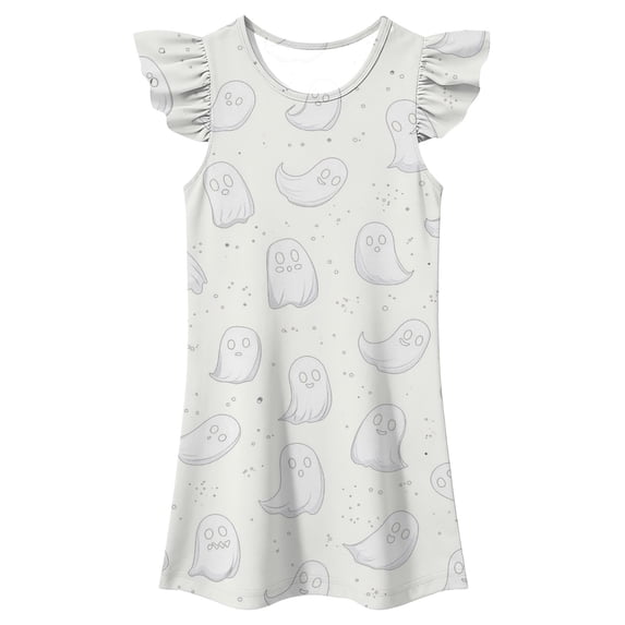 MEZZALL Girls Summer Sleep Dress Cute Flutter Sleeve Casual Nightgown Holiday Halloween Print O-Neck Soft Nightwear For Toddler Kids Relaxed Fit Dresses