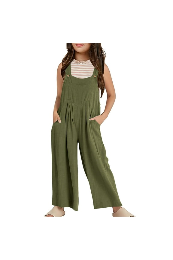 Girls Summer Sleeveless Wide Leg Jumpsuit Casual Solid Color Romper With Pockets Loose Fit Overalls For Toddler Kids Classic Dailywear, Army Green, 11-12 Years