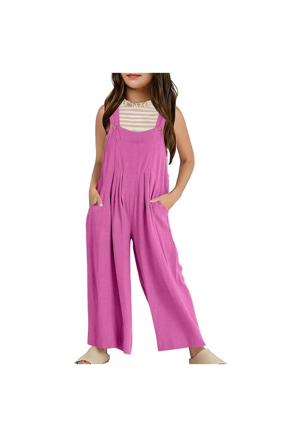 Girls Summer Sleeveless Wide Leg Jumpsuit Casual Solid Color Romper With Pockets Loose Fit Overalls For Toddler Kids Cozy Dailywear, Hot Pink, 11-12 Years