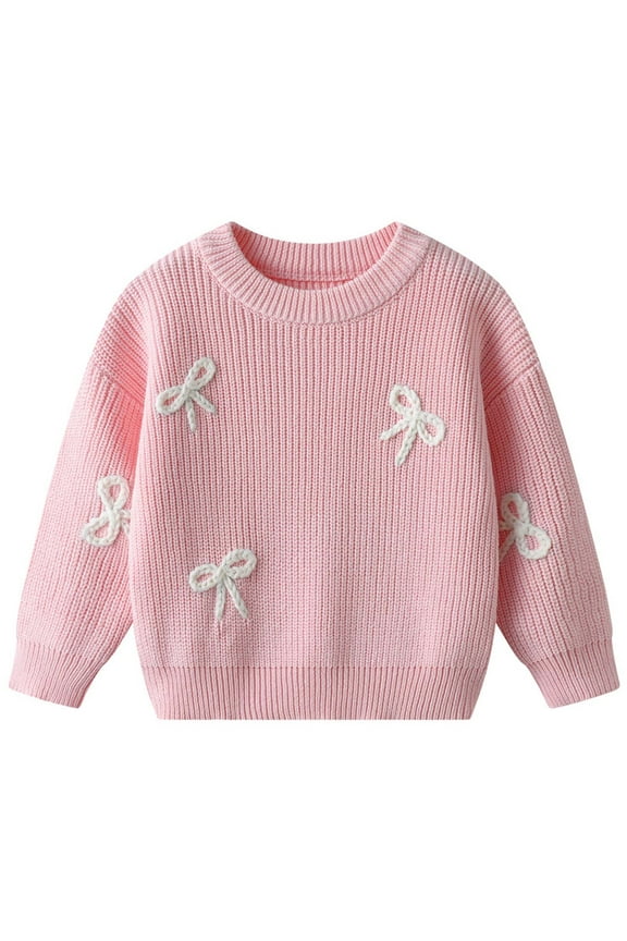 Girls Sweaters Long Sleeve Winter Knitwear Hand Embroidered Bow Baby Toddler Kids Pullover Soft Warm Casual Knitwear Tops Trendy Cartoon Clothing
