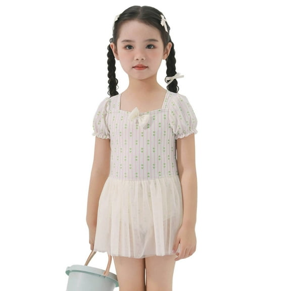 MEZZALL Girls Swimwear Retro Striped Dress Style Bathing Suit For Toddler Kids Comfortable Polyester Fabric Soft Cartoon Clothing