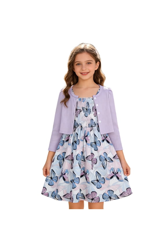 Girls' Two Piece Dress And Cardigan With Floral Pattern Lightweight Sleeveless Dress And Coordinating Cardigan Stylish Attire Festive Casual Outfit Sets Kids Holiday Gatherings