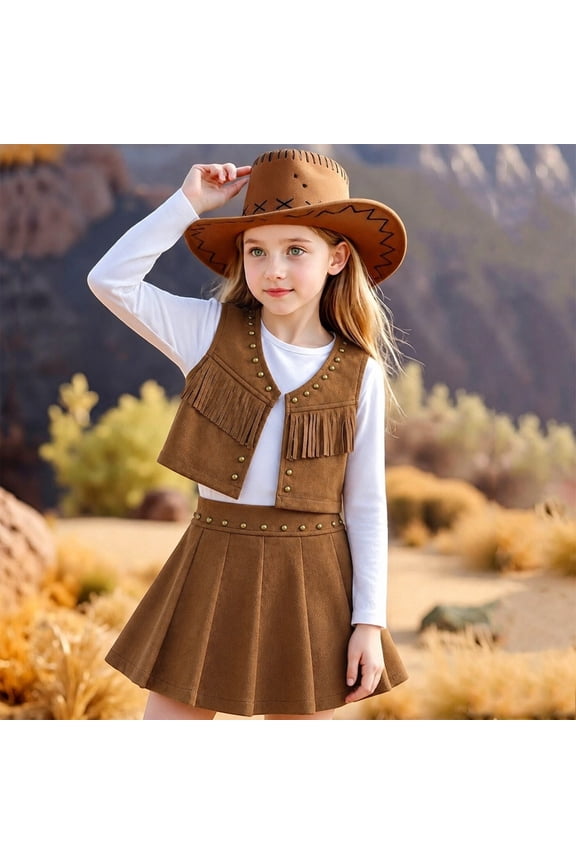 Girls Western Cowgirl 3 Piece Outfit Set, White Long Sleeve Basic Shirts, Fringe Vest, High Waist Pleated Skirt & Cowboy Hat Matching Suit, Country Toddler Little Girls Trendy Clothes Sets