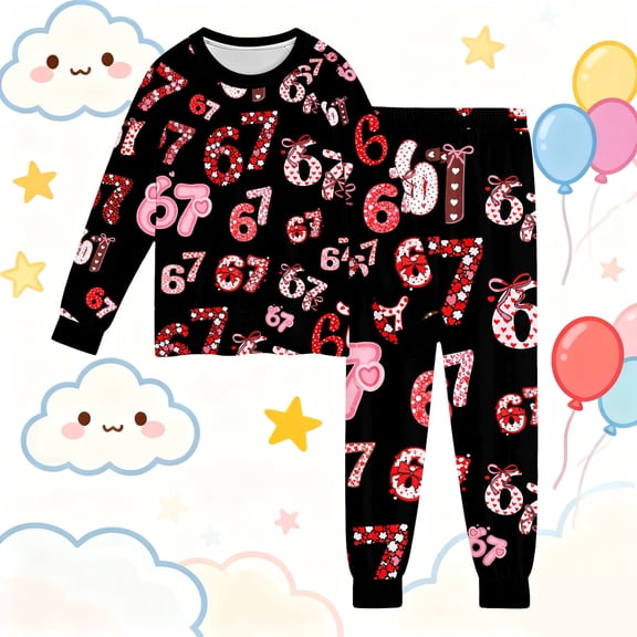 MEZZALL Graphic 6 7 Print Girls Long Sleeve Outfit Sets Two Piece Tops Shirts Pants Sleep O-Neck Tops Pants Leisure Toddler Kids Cute Clothing Sets