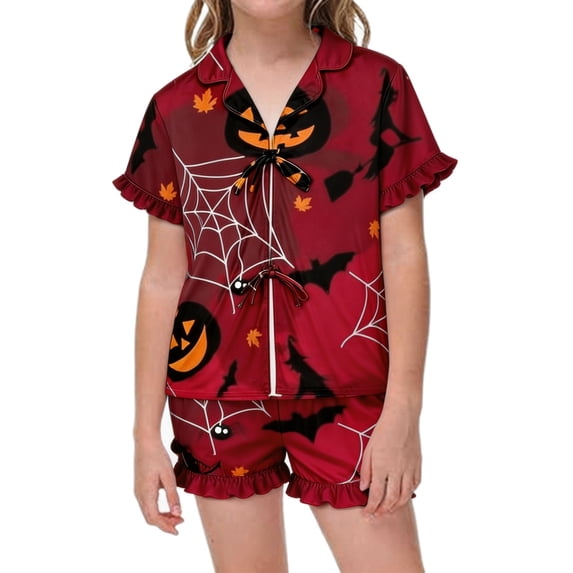 MEZZALL Halloween Girls Kids Comfortable Pajama Sets Short Sleeve Lapel Tie Front Shirts Blouse Tops With Shorts 2 Piece Sleepwear
