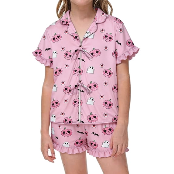 MEZZALL Halloween Girls Short Sleeve Lapel Tie Front Shirts Blouse Tops With Shorts For Kids Lightweight Pajama Sets With Comfortable Matching Tops And Shorts 2 Piece Sleepwear