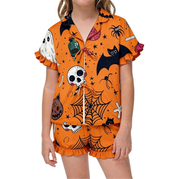 MEZZALL Halloween Kids With Ruffle Short Sleeve Lapel Tie Front Shirts Blouse Tops With Shorts For Girls Soft Comfort Pajama Sets For Nighttime Lounging 2 Piece Sleepwear