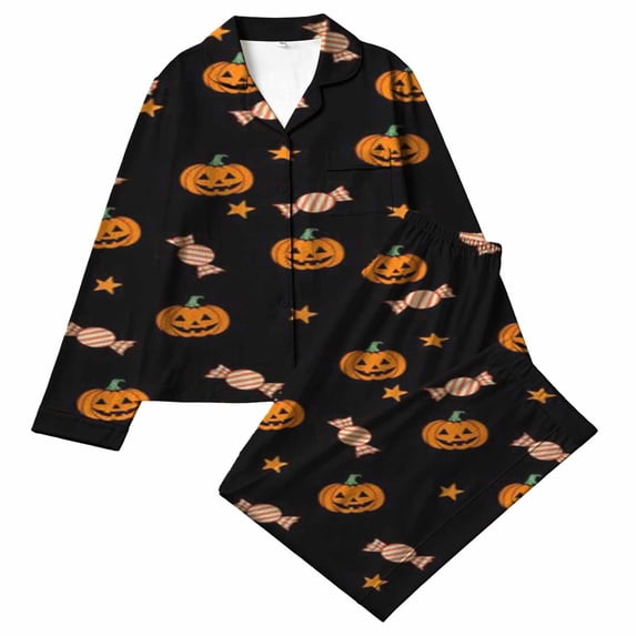 MEZZALL Halloween Pumpkin Print Lapel Collar Pajamas Sets Long Sleeve Button Tops & Elastic Waist Long Pants Kids Sleepwear Classic Nightwear
