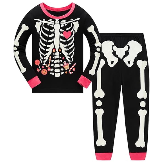 MEZZALL Halloween Skeleton Print Girls O-Neck Long Sleeve T-Shirts Pants For Toddler Cozy Halloween Pajama Sets For Nighttime Comfort And Play 2 Piece Sleepwear