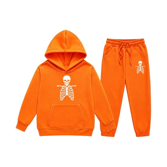 MEZZALL Halloween Skeleton Print Tracksuit for Girls, Oversized Long Sleeve Hoodie with Pocket & High Waist Jogger Pants Set, Soft Warm Casual Outfit for School Holiday Classic Clothes Sets