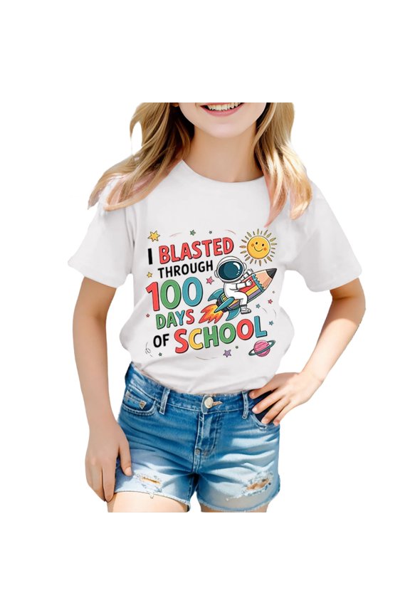Happy 100 Days Of School Shirts For Boys Girls Short Sleeve O-Neck Children T Shirts For 100 Days Of School Celebration Versatile Toddler Blouses Tops