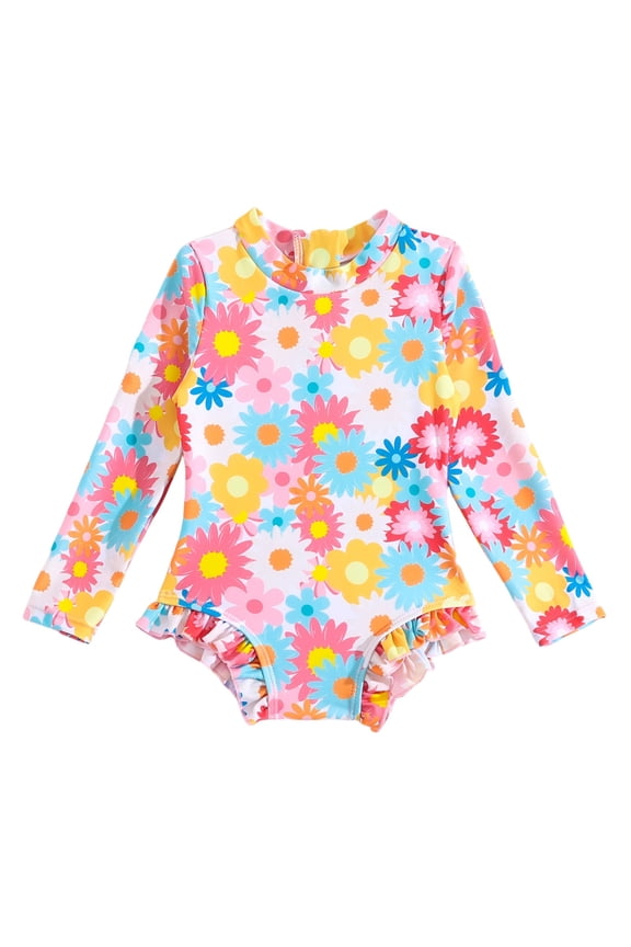 Baby Girls Swimwear Monokini Back Zipper Bathing Suits Long Sleeve Ruffle Girl Full Cover Flower Print Relaxed Fit Beachwear, 18-24 Months