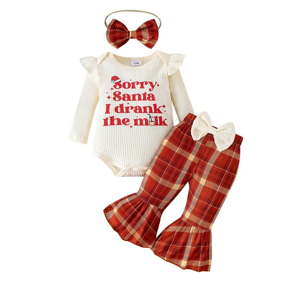 MEZZALL Girls Long Sleeve Christmas Letter Romper Bodysuit Cartoon Prints Pants Outfits