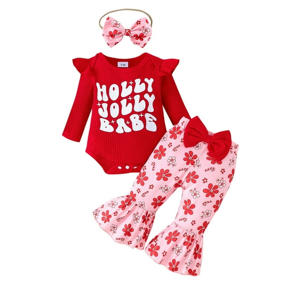 MEZZALL Infant Girls Long Sleeve Christmas Letter Romper Bodysuit Cartoon Prints Pants Outfits