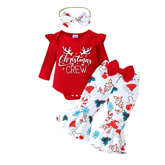 MEZZALL Girls Long Sleeve Christmas Letter Romper Bodysuit Cartoon Prints Pants Outfits