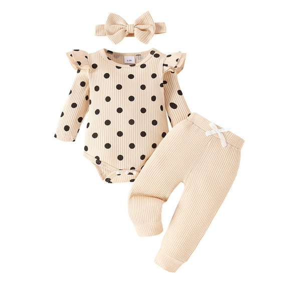 MEZZALL Infant Girls Long Sleeve Dot Prints Ribbed Romper Bodysuit Pants Headbands Newborn Outfits