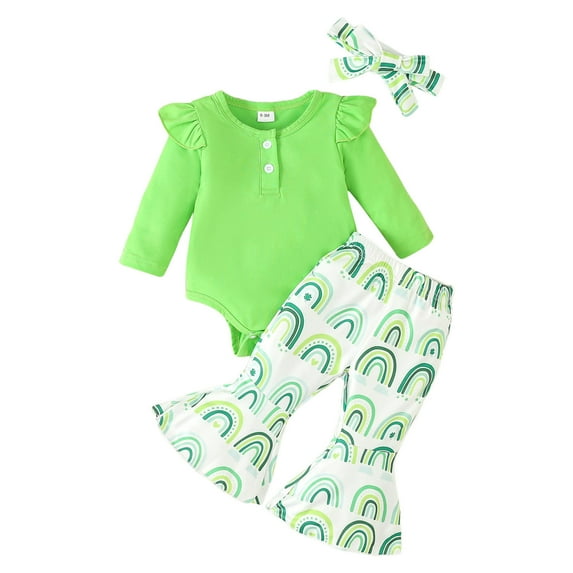 MEZZALL Girls Long Sleeve St.Patrick's Day Romper Bodysuits Rainbow Prints Bell Bottoms Pants Outfits