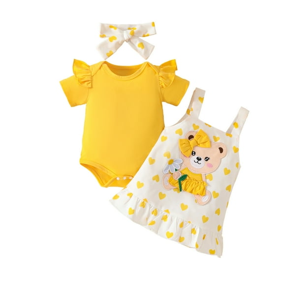 MEZZALL Infant Girls Short Sleeve Romper Bodysuit Cartoon Animal Spaghetti Skirts Outfits, Yellow, 6-9 Months