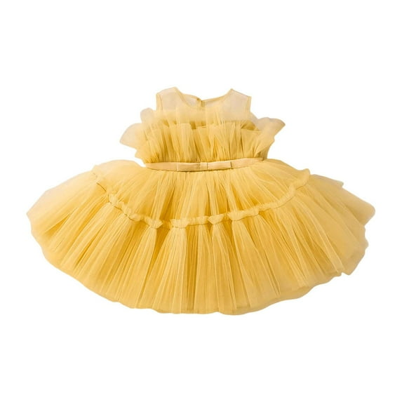 MEZZALL Baby Girl Lace Sleeveless Dress Solid Color Bow Dress Princess Puffy Dress For Wedding Party Prom Lovely Sundress, Yellow, 18-24 Months