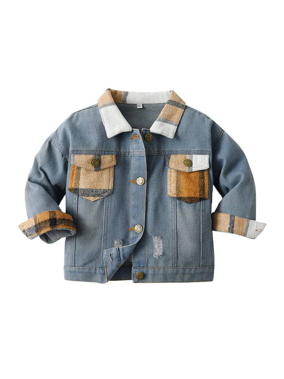 Boys Girls Windproof Plaid Patchwork Denim Coat Jacket Kids Warm Outerwear Jacket Breathable Dailywear, Brown, 12-18 Months