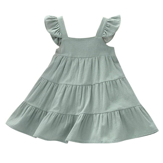 MEZZALL Kids Baby Girls Linen Vintage Dress Ruffle Retro Solid Color Girl Dresses Boho Sundress Princess Layered Dresses Cute Sundress, Green, 1-2 Years