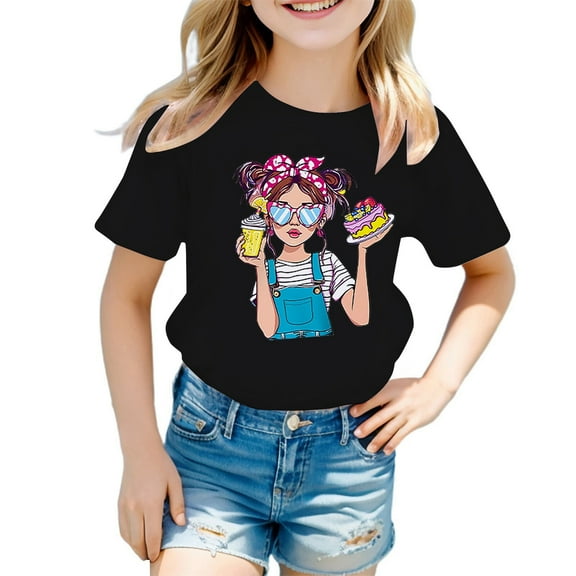 MEZZALL Kid Girls Cute Graphic T-Shirt Round Neck Short Sleeve Tee Summer Casual Tshirts Tops, Black, 11-12 Years