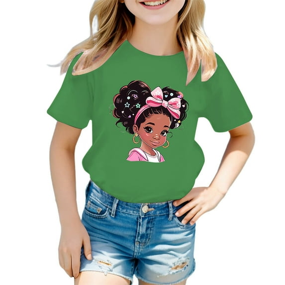 MEZZALL Kid Girls Cute Graphic T-Shirt Round Neck Short Sleeve Tee Summer Casual Tshirts Tops, Green, 5-6 Years