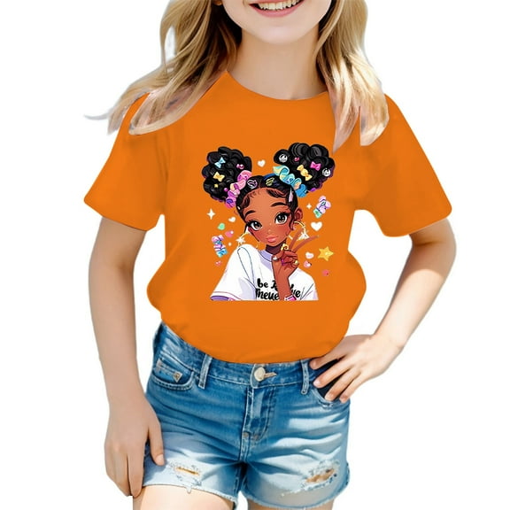 MEZZALL Kid Girls Cute Graphic T-Shirt Round Neck Short Sleeve Tee Summer Casual Tshirts Tops, Orange, 11-12 Years