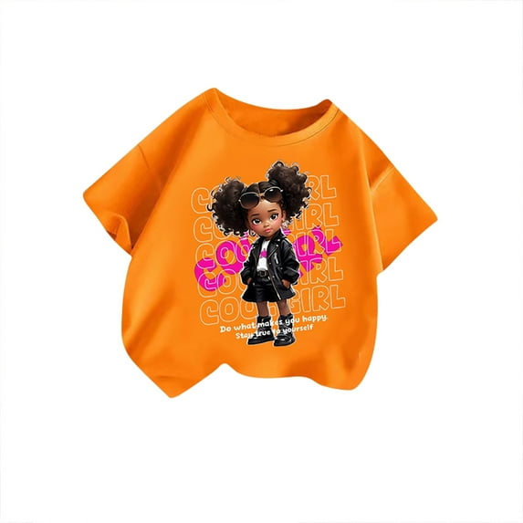 MEZZALL Kid Girls Cute Graphic T-Shirt Round Neck Short Sleeve Tee Summer Casual Tshirts Tops, Orange, 3-4 Years