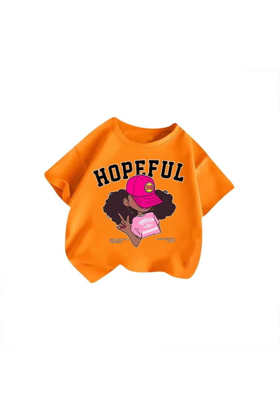 Kid Girls Cute Graphic T-Shirt Round Neck Short Sleeve Tee Summer Casual Tshirts Tops, Orange, 7-8 Years