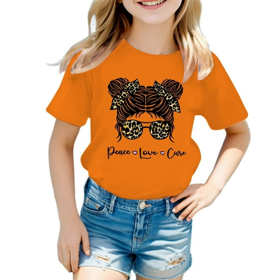 MEZZALL Kid Girls Cute Graphic T-Shirt Round Neck Short Sleeve Tee Summer Casual Tshirts Tops, Orange, 9-10 Years