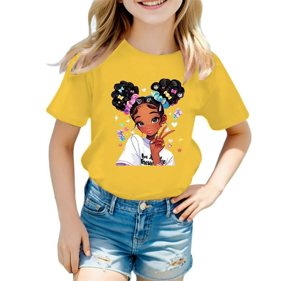 MEZZALL Kid Girls Cute Graphic T-Shirt Round Neck Short Sleeve Tee Summer Casual Tshirts Tops, Yellow, 11-12 Years