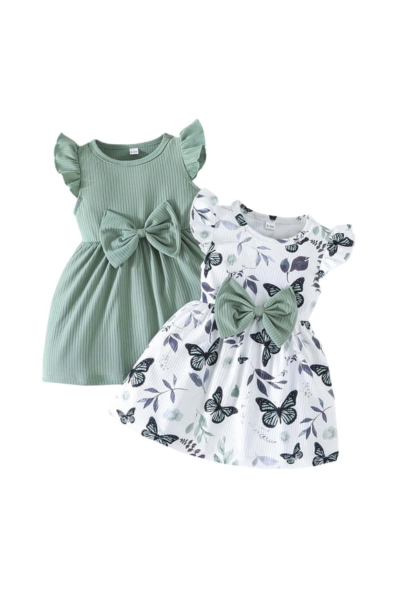 Kids 2-Pack Adorable Toddler Girl Summer Dress With Flower Print Floral Dress Two Piece Ensemble O-Neck Fly Sleeve For Holiday Travel