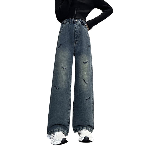 MEZZALL Kids Baggy Jeans Girls Wide Leg Elastic Waist And Multiple Pockets Cargo Trousers Jeans Denim Pants For Children Solid Color Soft Clothes