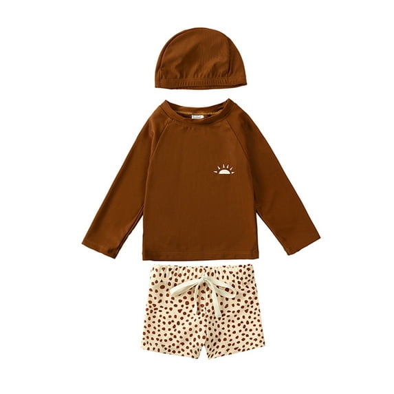 MEZZALL Kids Boys 3PCS Swimsuit Vacation Hawaii Beachwear Rash Guard Boys Swimwear Floral Swimming Suits Bathing Suit For Toddler Boys Swim Trunk With Swimming Cap, Brown, 4-5 Years
