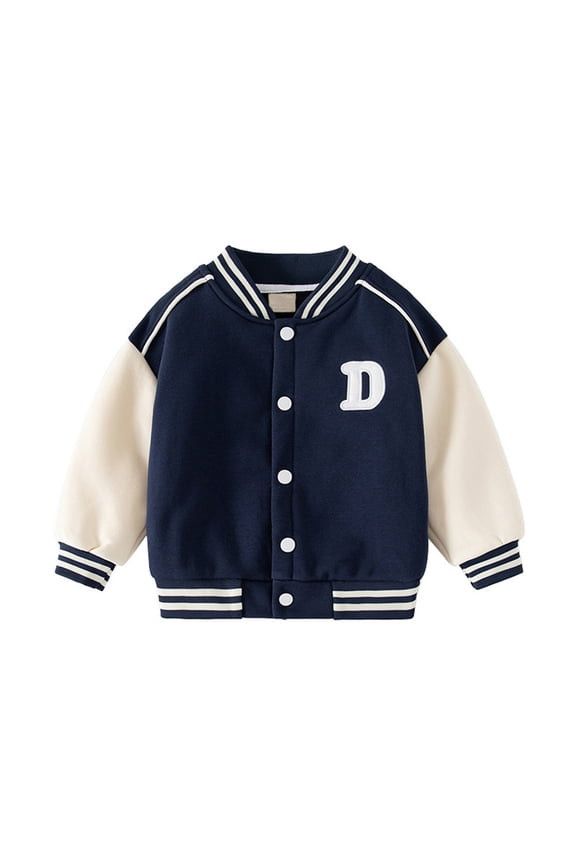 Kids Boys Fuzzy Baseball Jacket With Letter Print Stylish Stand Collar Outerwear Comfortable Casual Coats Children Holiday Long Sleeve Tops