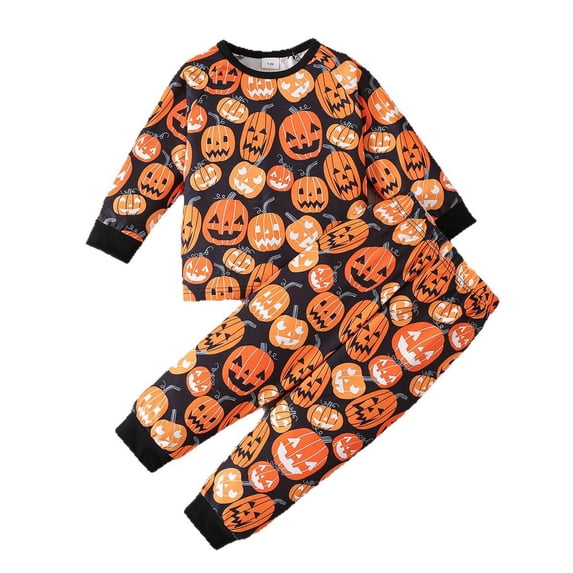 MEZZALL Kids Boys Halloween O-Neck Pajamas Sets Long Sleeve Tops And Pants Printed Pumpkin Warm Sleepwear Two Piece Night For Fall Winter Trendy Nightwear